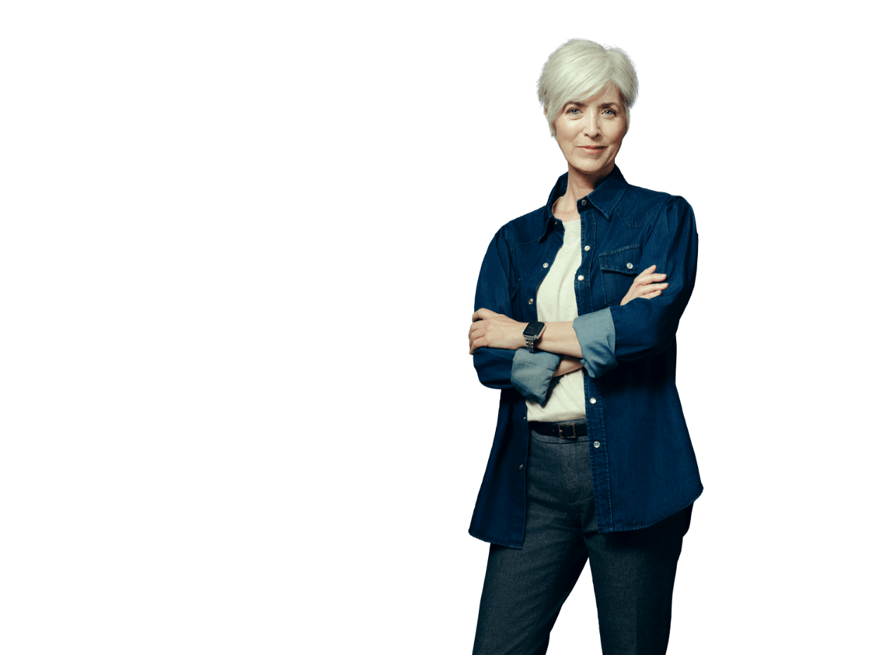 Middle-aged woman smiling at camera with her arms folded across her chest. Considering bone loss medications. Not actual patient